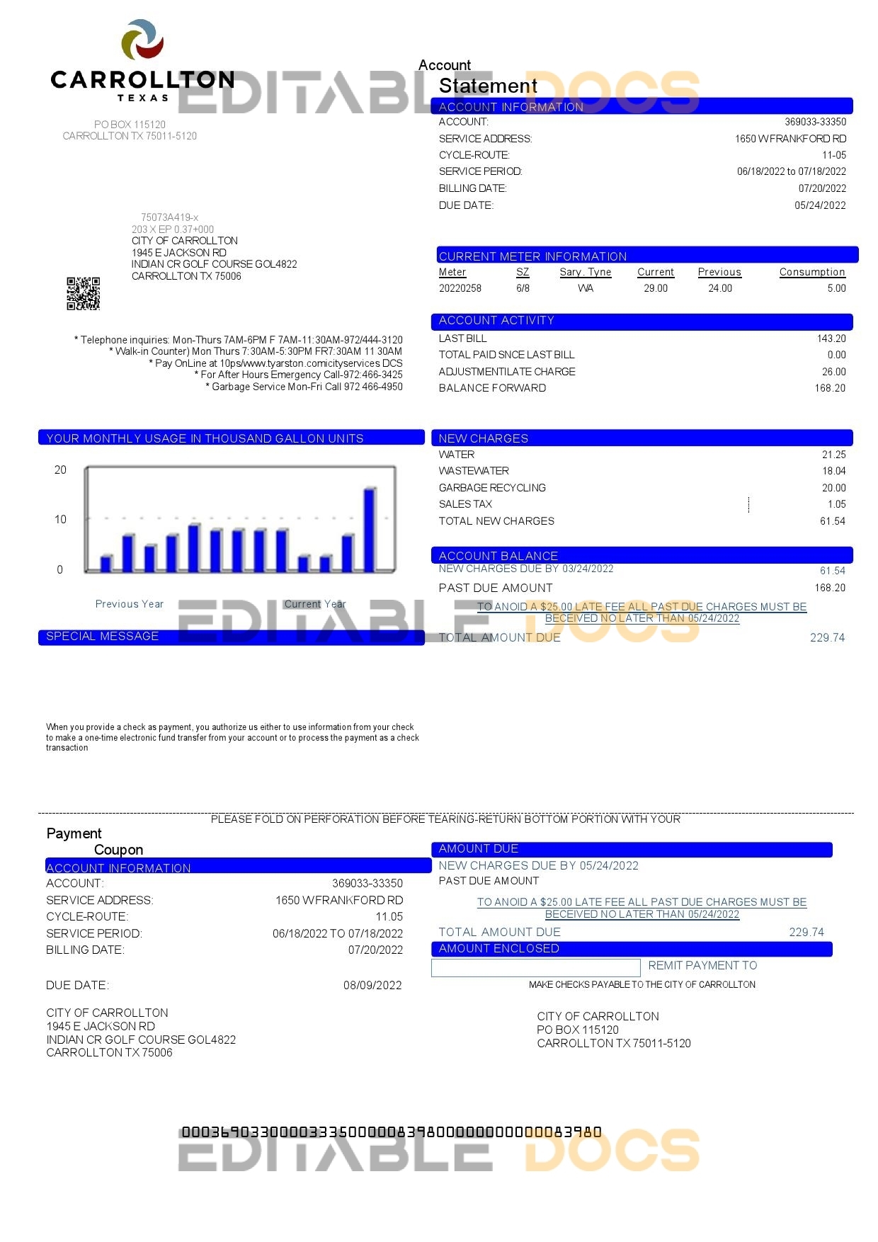 USA Texas Carrollton utility bill template in Word and PDF format