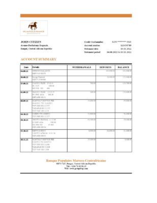 Central African Republic Banque Populaire Maroco Centrafricaine bank statement Excel and PDF template, fully editable (AutoSum)