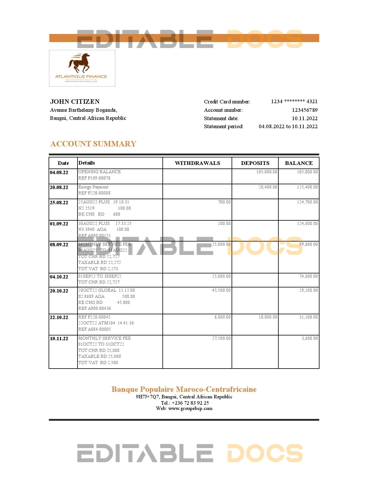 Central African Republic Banque Populaire Maroco Centrafricaine bank statement Excel and PDF template, fully editable (AutoSum)