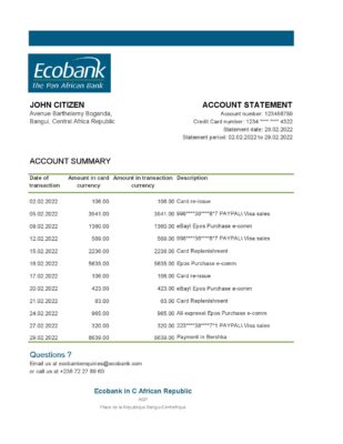 Central African Republic Ecobank bank statement Excel and PDF template (AutoSum)