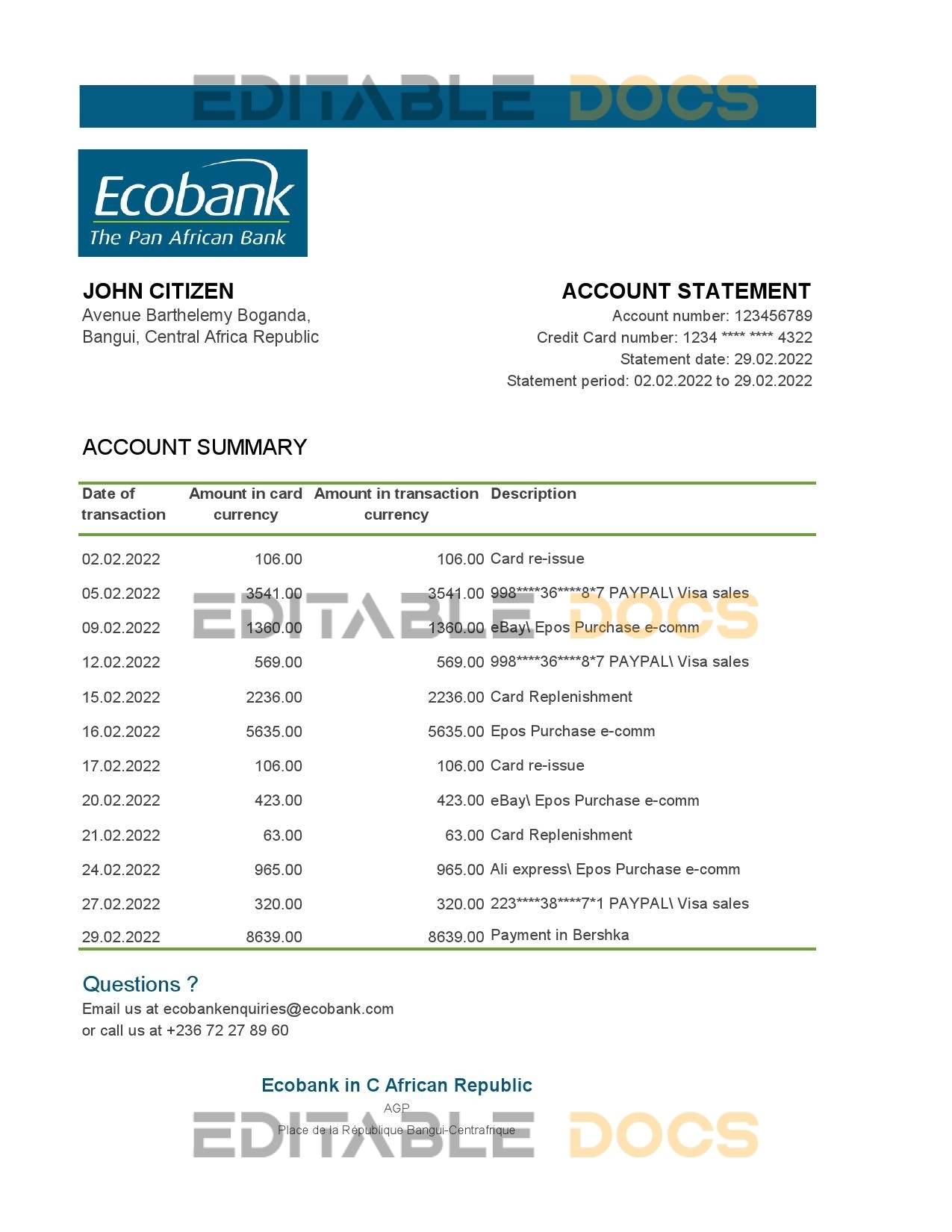 Central African Republic Ecobank bank statement Excel and PDF template (AutoSum)
