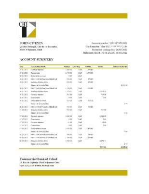 Chad Commercial Bank of Tchad bank statement Excel and PDF template, fully editable (AutoSum)