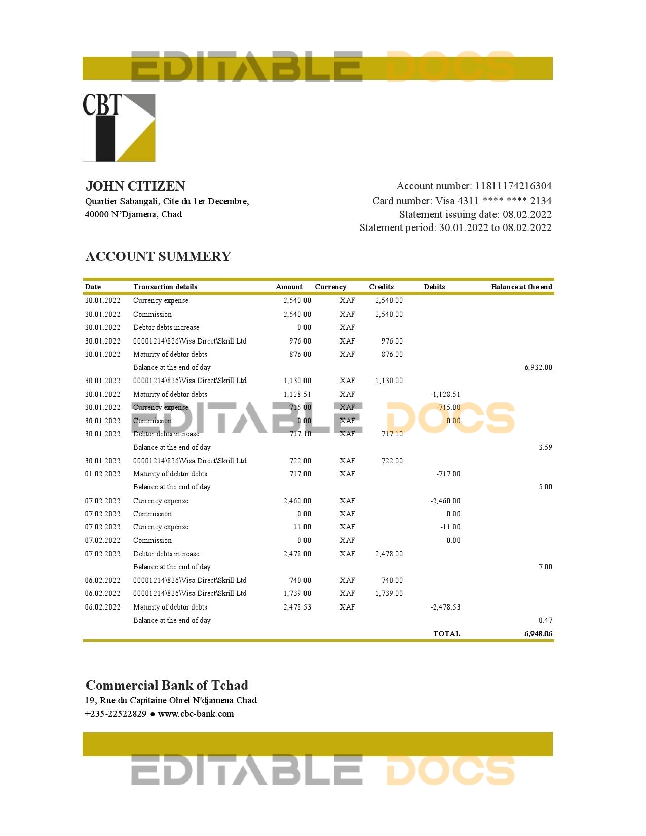 Chad Commercial Bank of Tchad bank statement Excel and PDF template, fully editable (AutoSum)