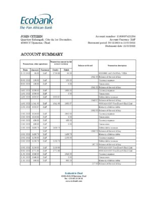 Chad Ecobank bank statement Excel and PDF template, completely editable (AutoSum)