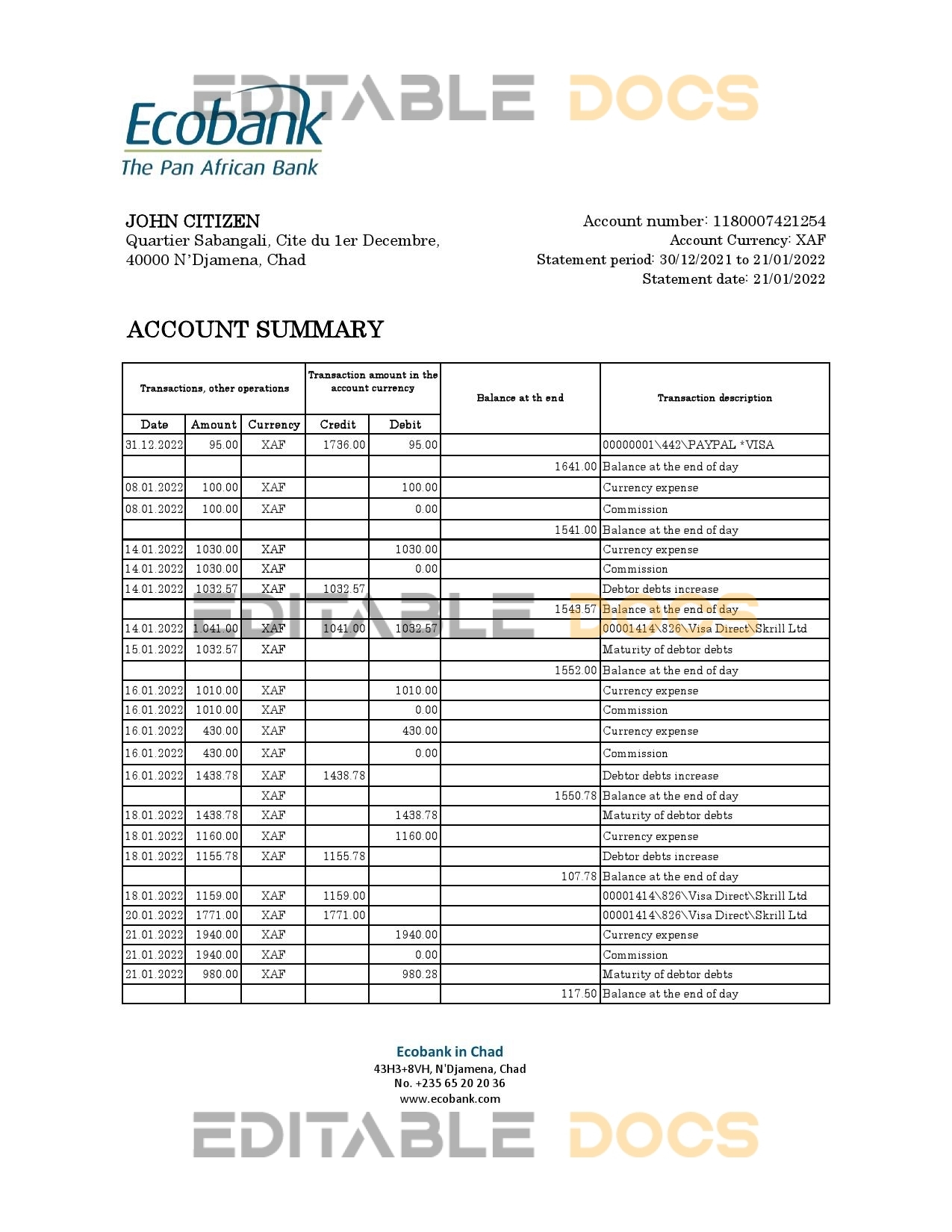 Chad Ecobank bank statement Excel and PDF template, completely editable (AutoSum)