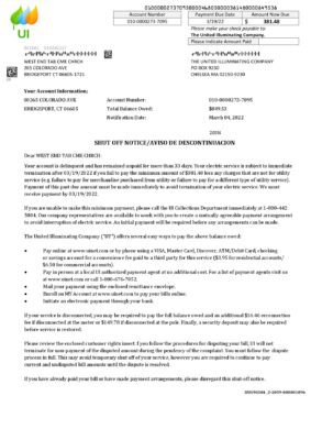 USA Massachusetts Chelsea The United Illuminating Company utility bill shutoff notice, Word and PDF template