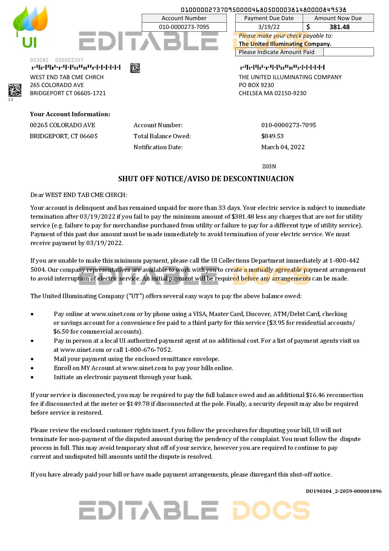 USA Massachusetts Chelsea The United Illuminating Company utility bill shutoff notice, Word and PDF template