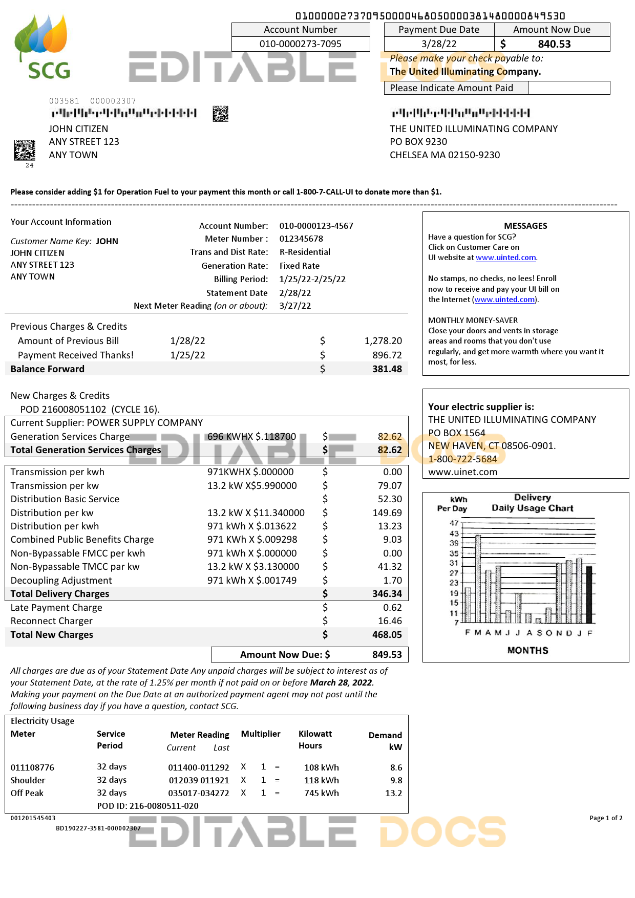 USA Massachusetts Chelsea UI The United Illuminating Company utility bill Word and PDF template