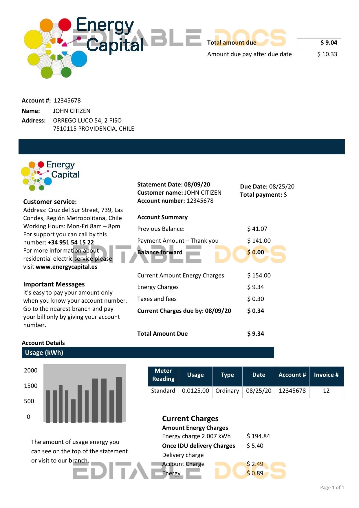 Chile Energy Capital utility bill template in Word and PDF format