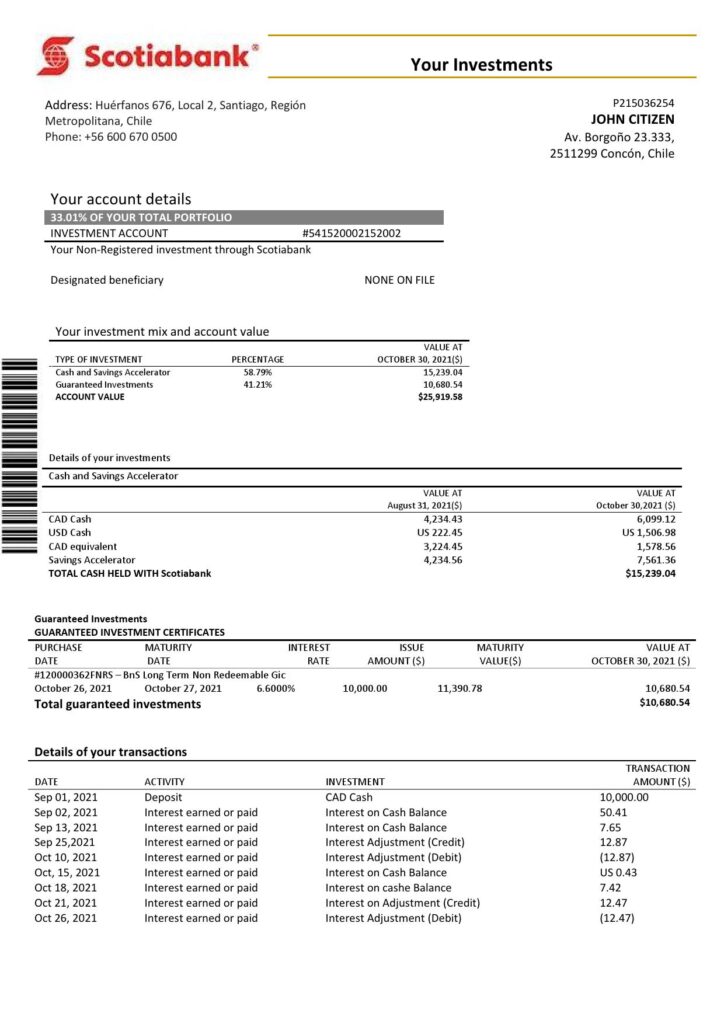 Chile Scotiabank statement template in Word and PDF format fully editable, good for address prove