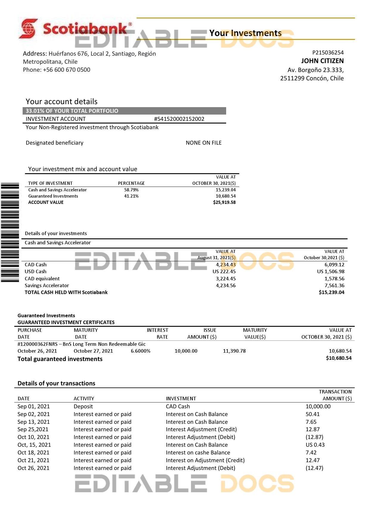 Chile Scotiabank statement template in Word and PDF format fully editable, good for address prove