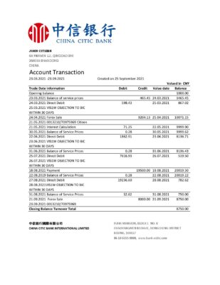 China Citic Bank Corp bank statement easy to fill template in Excel and PDF format