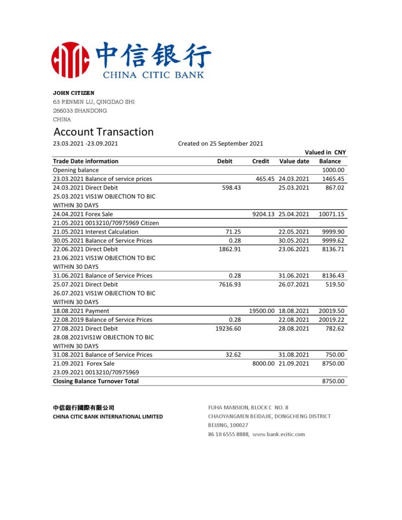 China Citic Bank Corp bank statement easy to fill template in Excel and PDF format