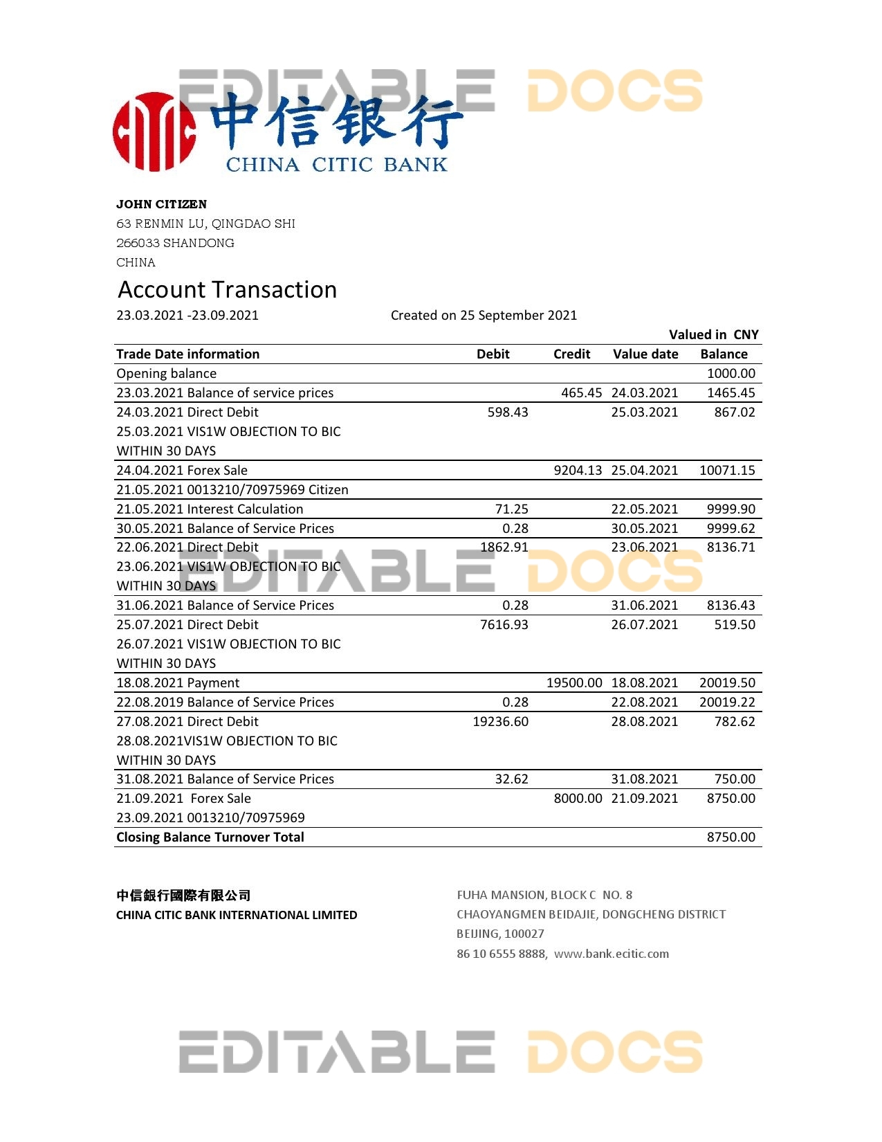 China Citic Bank Corp bank statement easy to fill template in Excel and PDF format
