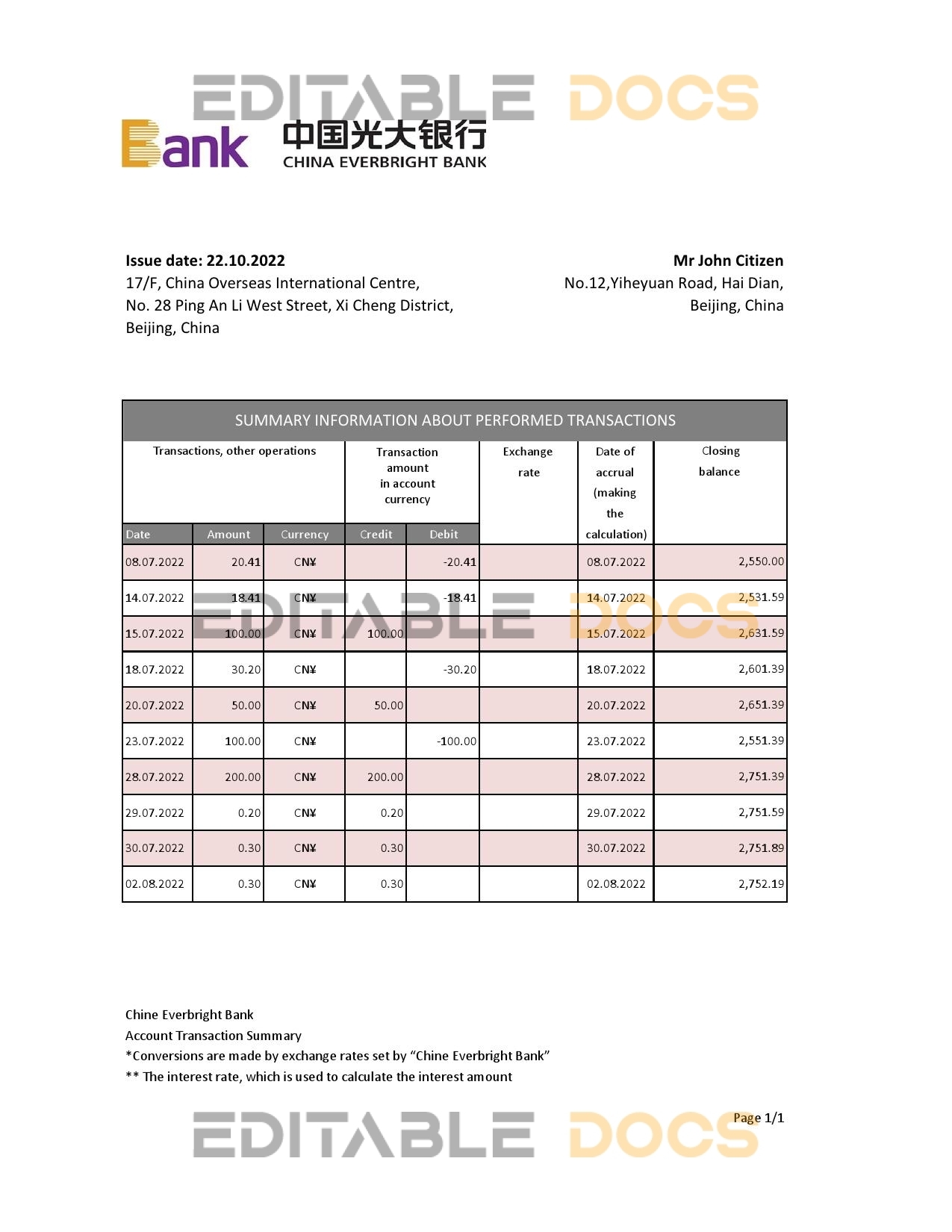 China Everbright Bank statement .xls and .pdf template, completely editable (AutoSum)