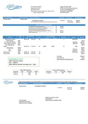 USA Colorado Fort Collins Utilities utility bill template in Word and PDF format