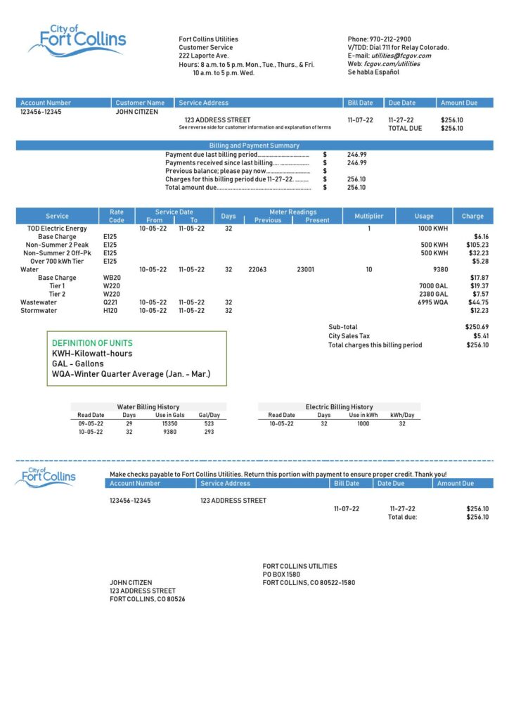 USA Colorado Fort Collins Utilities utility bill template in Word and PDF format