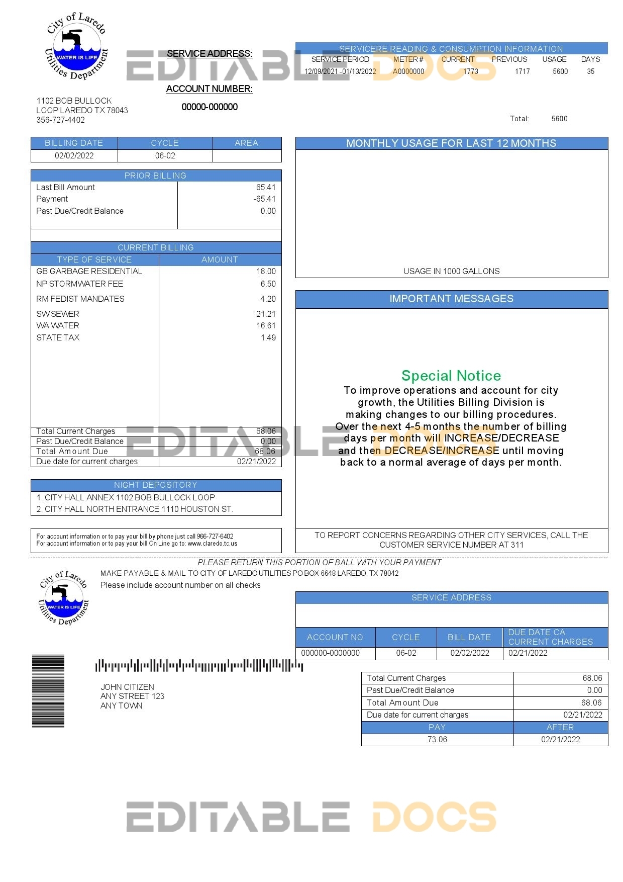 USA Texas City of Laredo Utilities Department water utility bill template in Word and PDF format