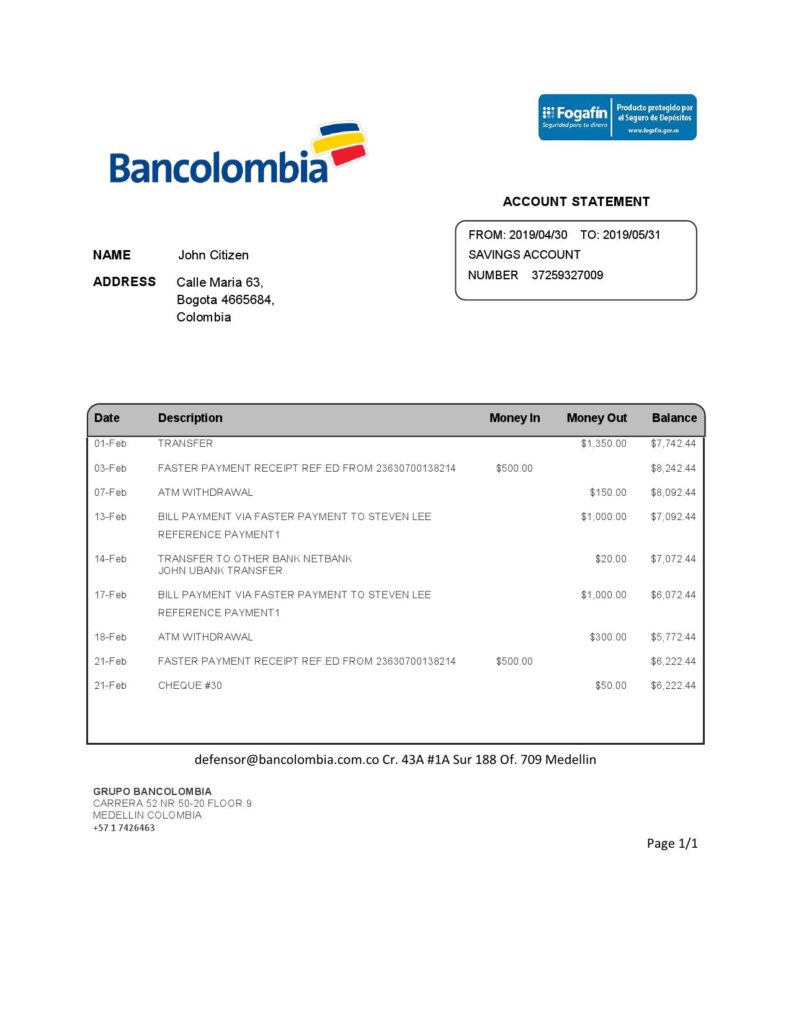 Colombia Bancolombia bank statement easy to fill template in Word and PDF format