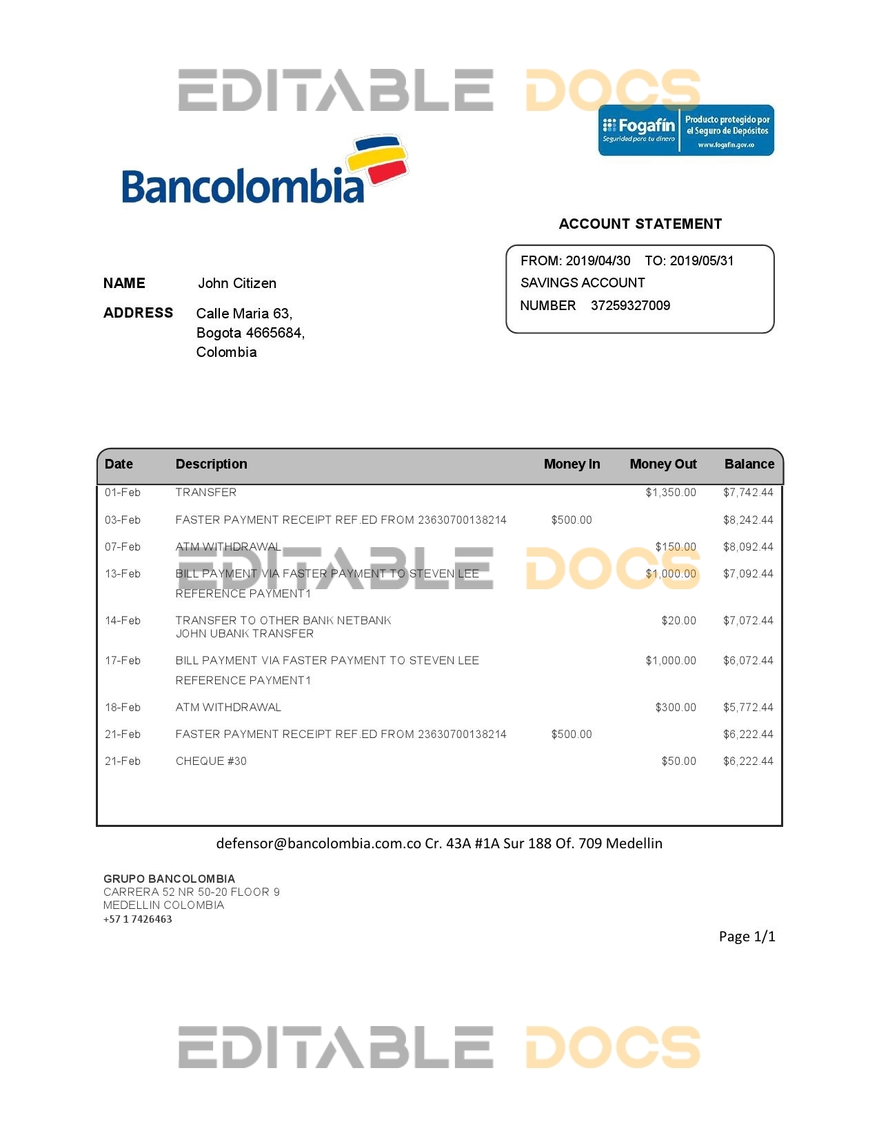 Colombia Bancolombia bank statement easy to fill template in Word and PDF format