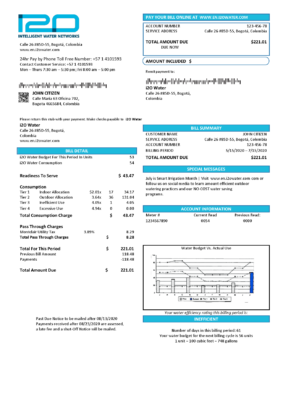 Colombia i2O Water utility bill template in Word and PDF format