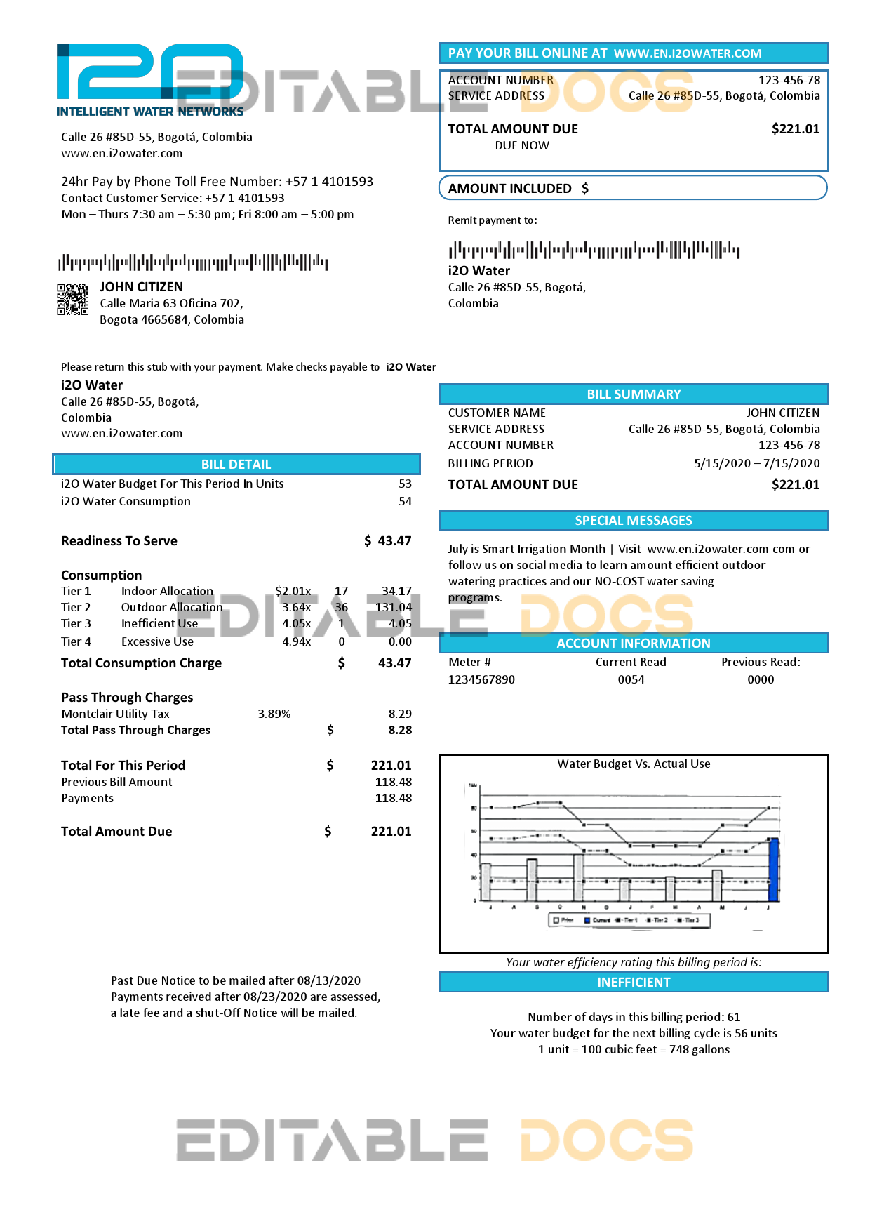Colombia i2O Water utility bill template in Word and PDF format
