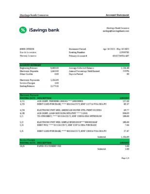 Comoros iSavings bank statement Excel and PDF template, completely editable (AutoSum)