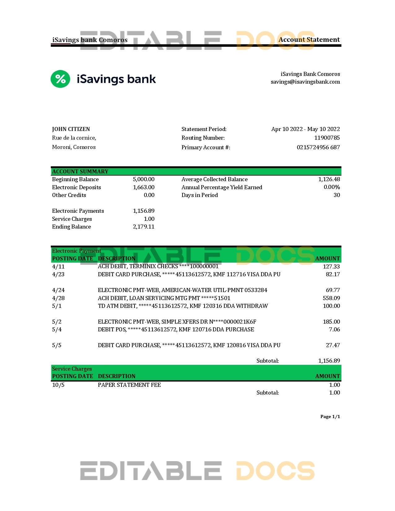 Comoros iSavings bank statement Excel and PDF template, completely editable (AutoSum)