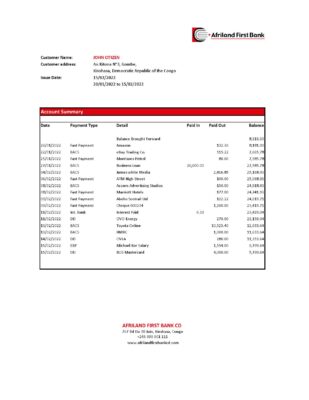 Congo Afriland First Bank statement Excel and PDF template (AutoSum)