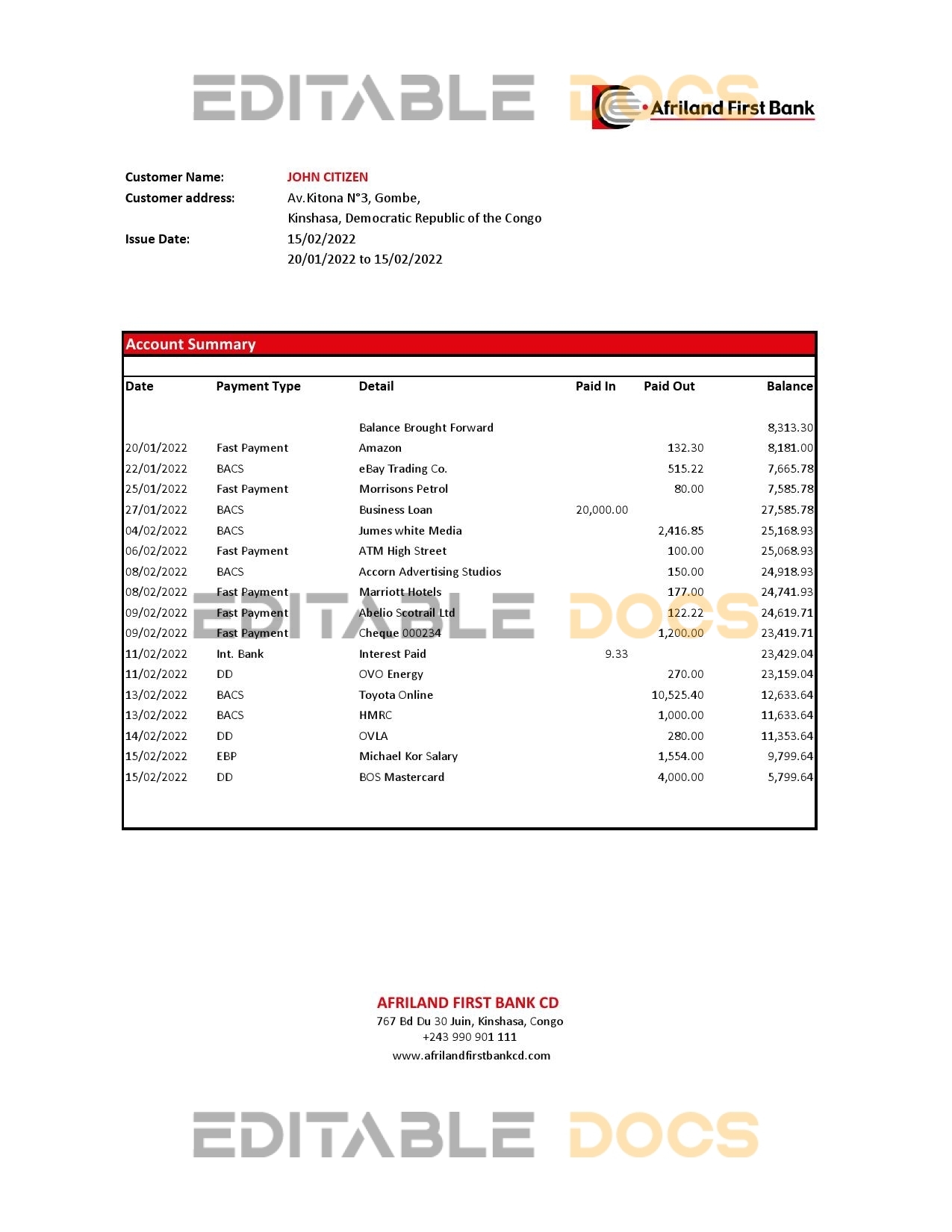 Congo Afriland First Bank statement Excel and PDF template (AutoSum)