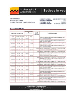 Congo Credit du Congo bank statement Excel and PDF template (AutoSum)