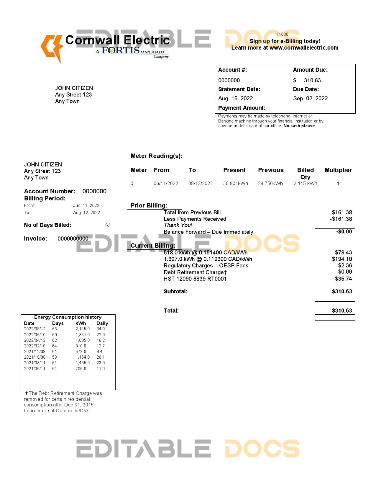 USA Cornwall Electric utility bill template in Word and PDF format