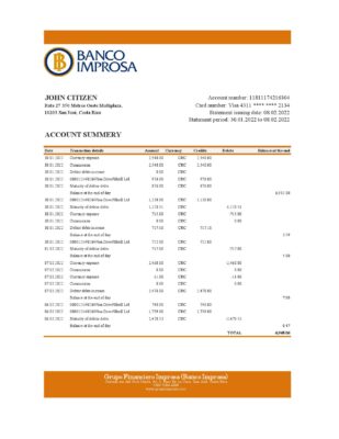 Costa Rica Banco Improsa bank statement Excel and PDF template