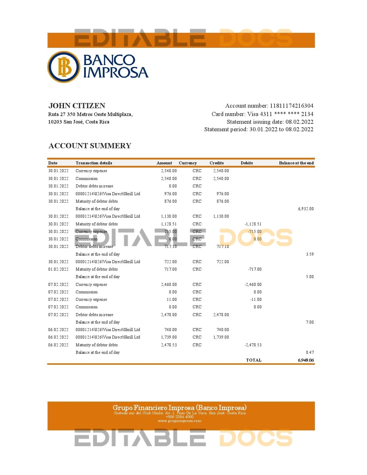 Costa Rica Banco Improsa bank statement Excel and PDF template