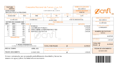 Costa Rica Compañía Nacional de Fuerza y Luz, S.A. (CNFL) utility bill template in Word and PDF format