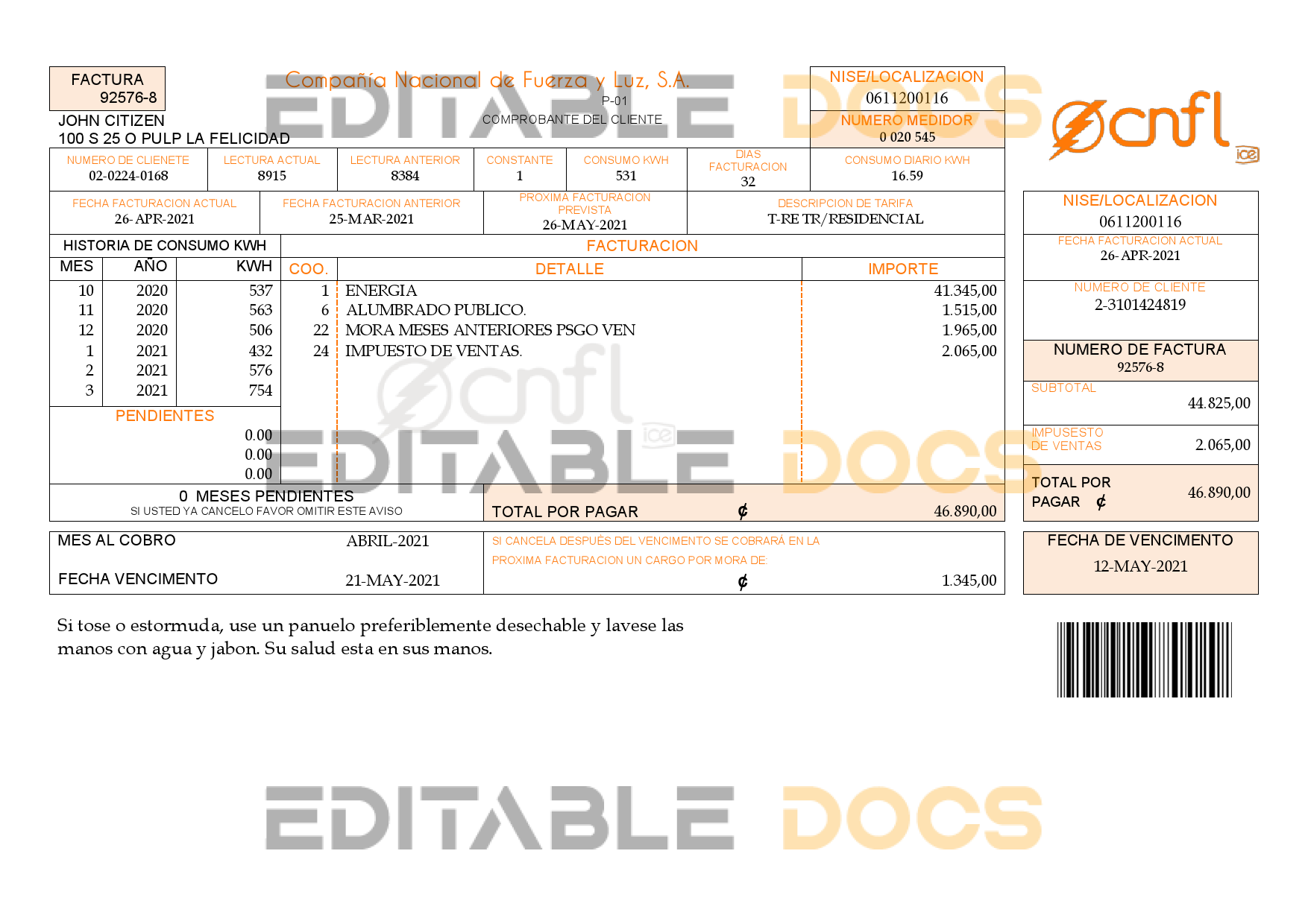 Costa Rica Compañía Nacional de Fuerza y Luz, S.A. (CNFL) utility bill template in Word and PDF format