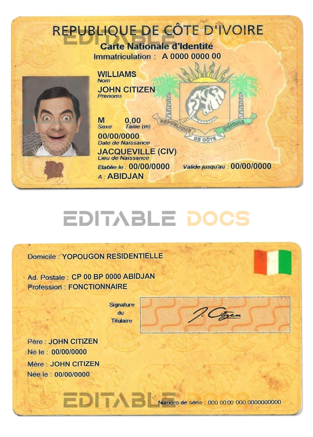 Cote D’Ivoire ID card template in PSD format, fully editable