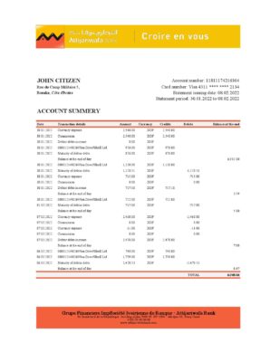 Cote d’Ivoire Attijariwafa bank statement Excel and PDF template