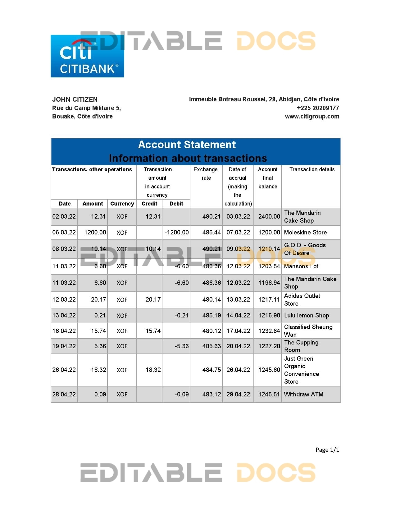 Cote d’Ivoire Citibank bank statement Excel and PDF template
