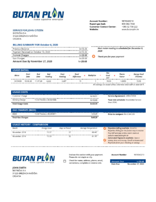 Croatia BUTAN PLIN d.o.o. gas utility bill template in Word and PDF format