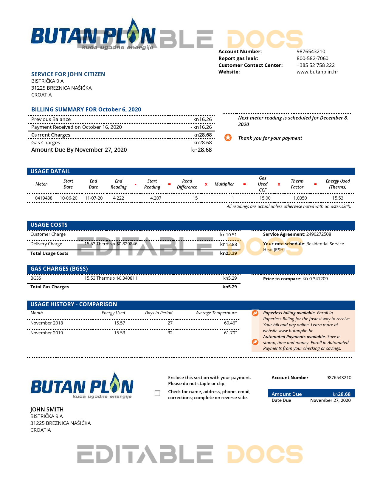 Croatia BUTAN PLIN d.o.o. gas utility bill template in Word and PDF format