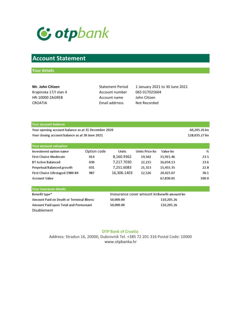 Croatia OTP Bank statement easy to fill template in Excel and PDF format
