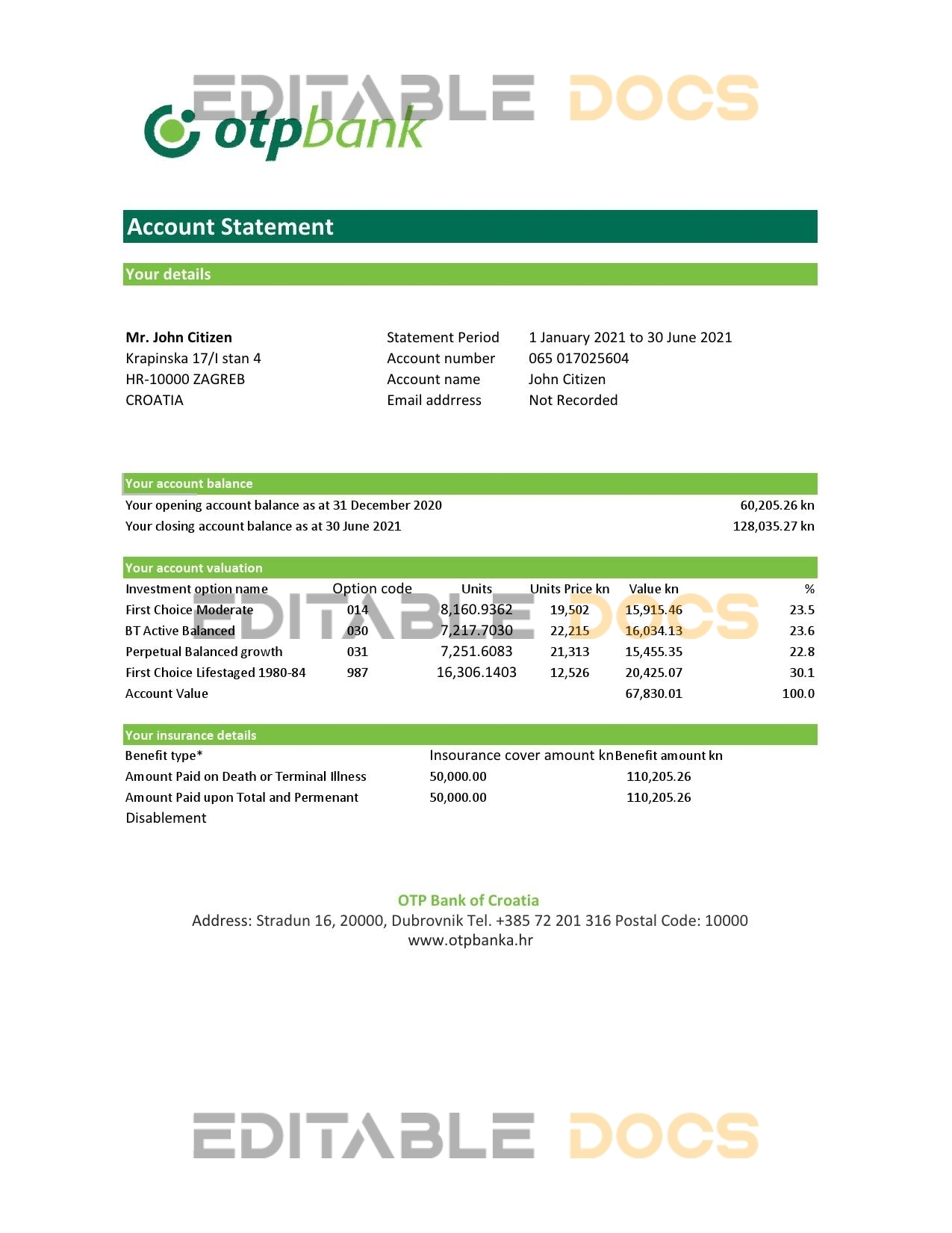 Croatia OTP Bank statement easy to fill template in Excel and PDF format