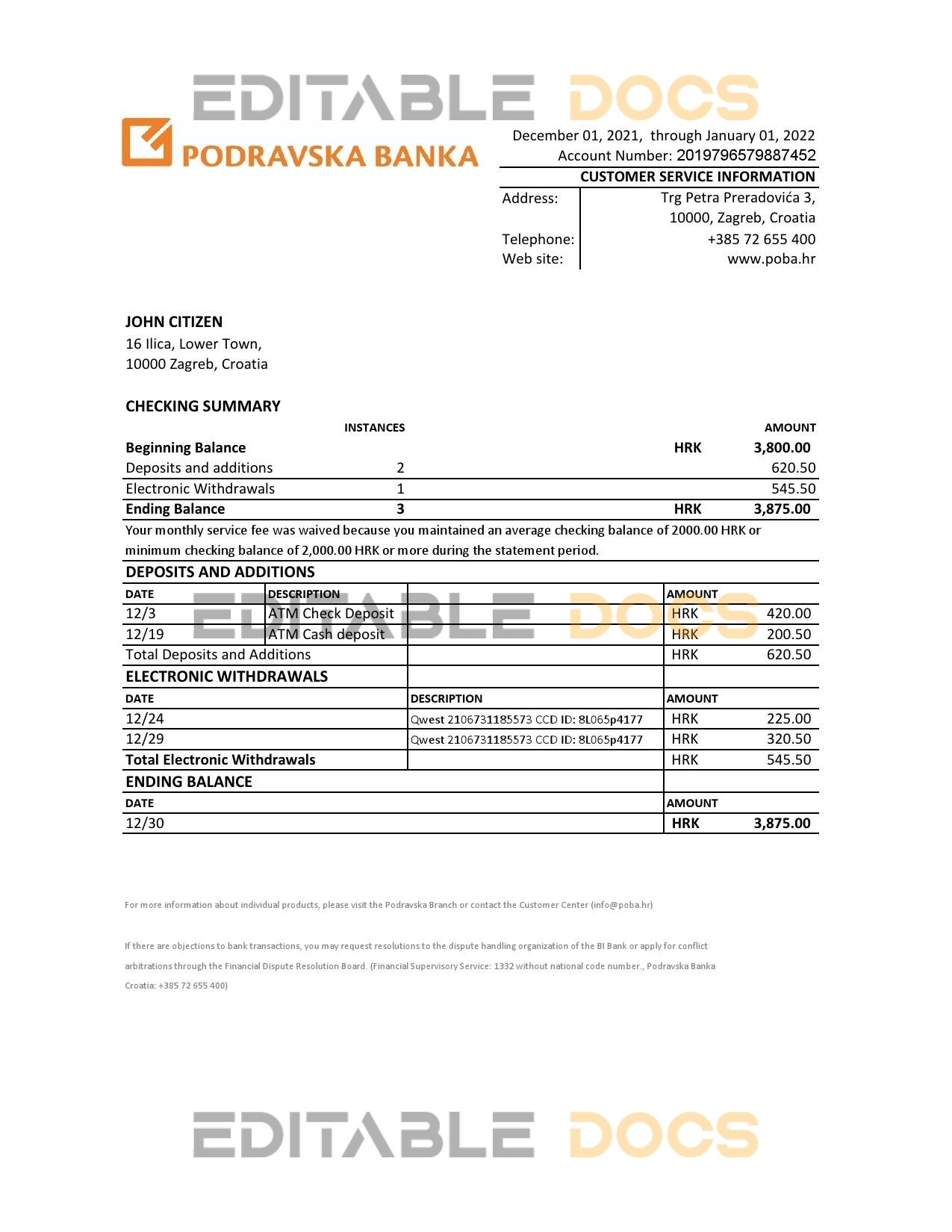 Croatia Podravska bank statement Excel and PDF template