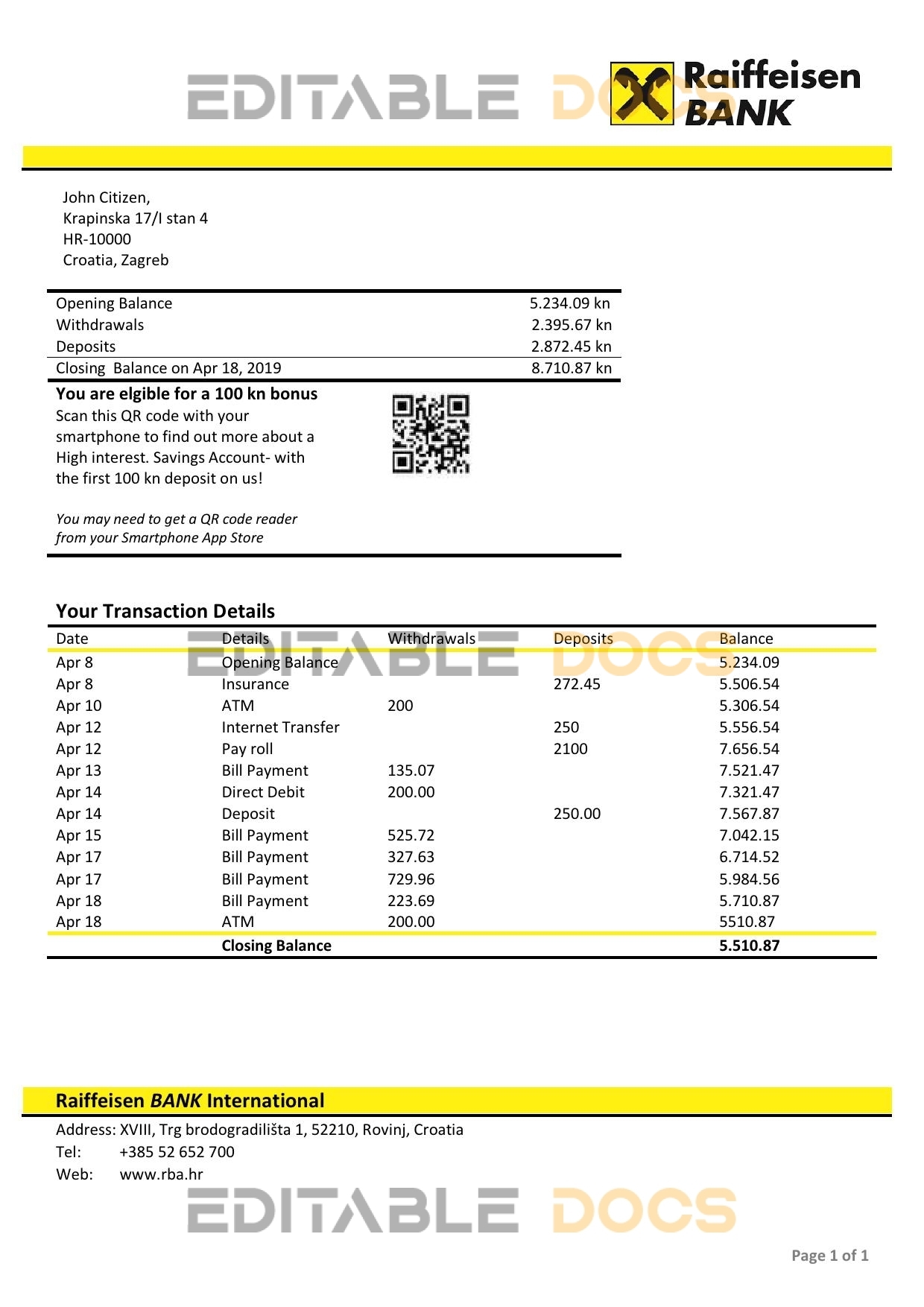Croatia Raiffeisen Bank statement template, Word and PDF format (.doc and .pdf)