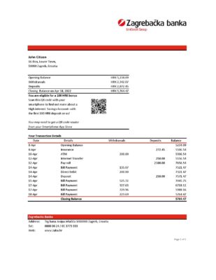 Croatia Zagrebačka Bank statement Excel and PDF template