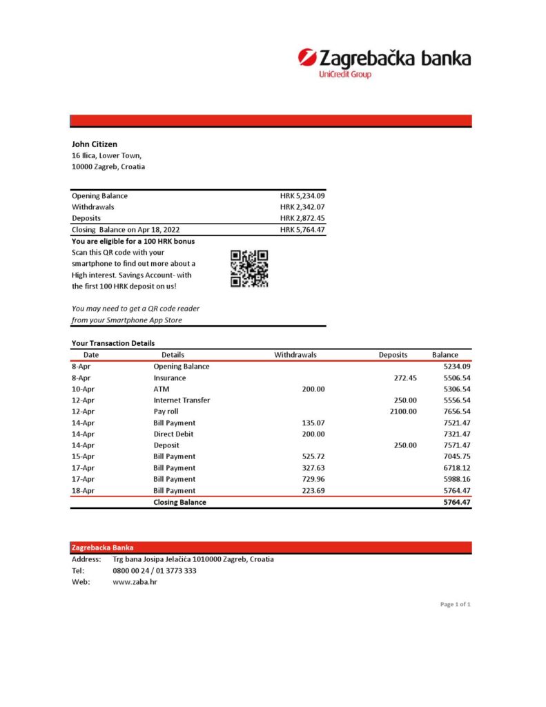Croatia Zagrebačka Bank statement Excel and PDF template