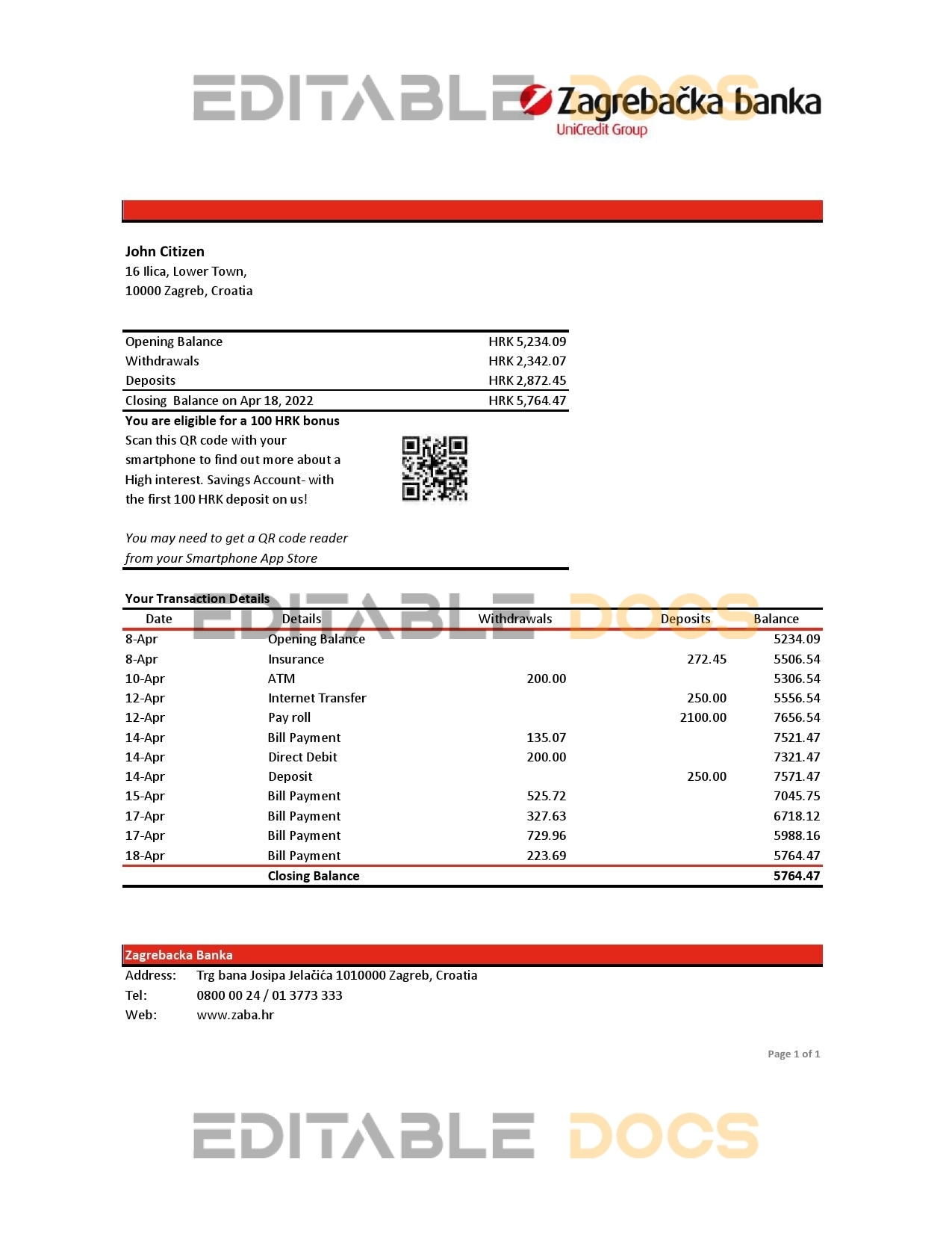 Croatia Zagrebačka Bank statement Excel and PDF template