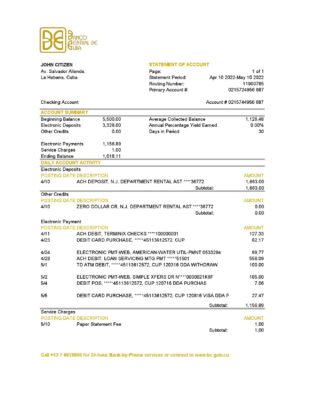 Cuba Banco Central de Cuba bank statement Excel and PDF template