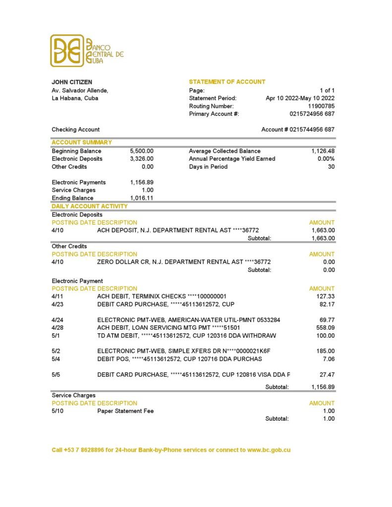 Cuba Banco Central de Cuba bank statement Excel and PDF template